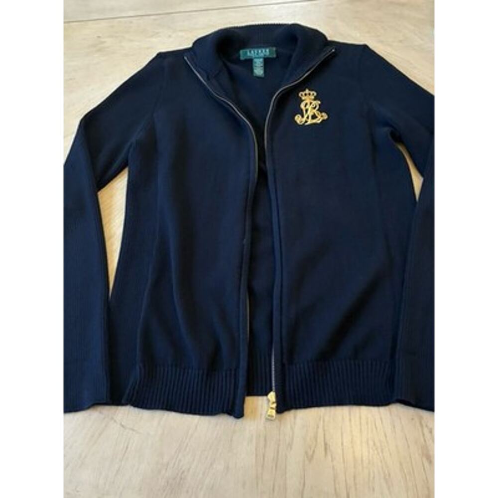 VTG Ralph Lauren Black Cable Knit Cardigan Gold Crest Full Zip Sweater Mock Med - Picture 3 of 16